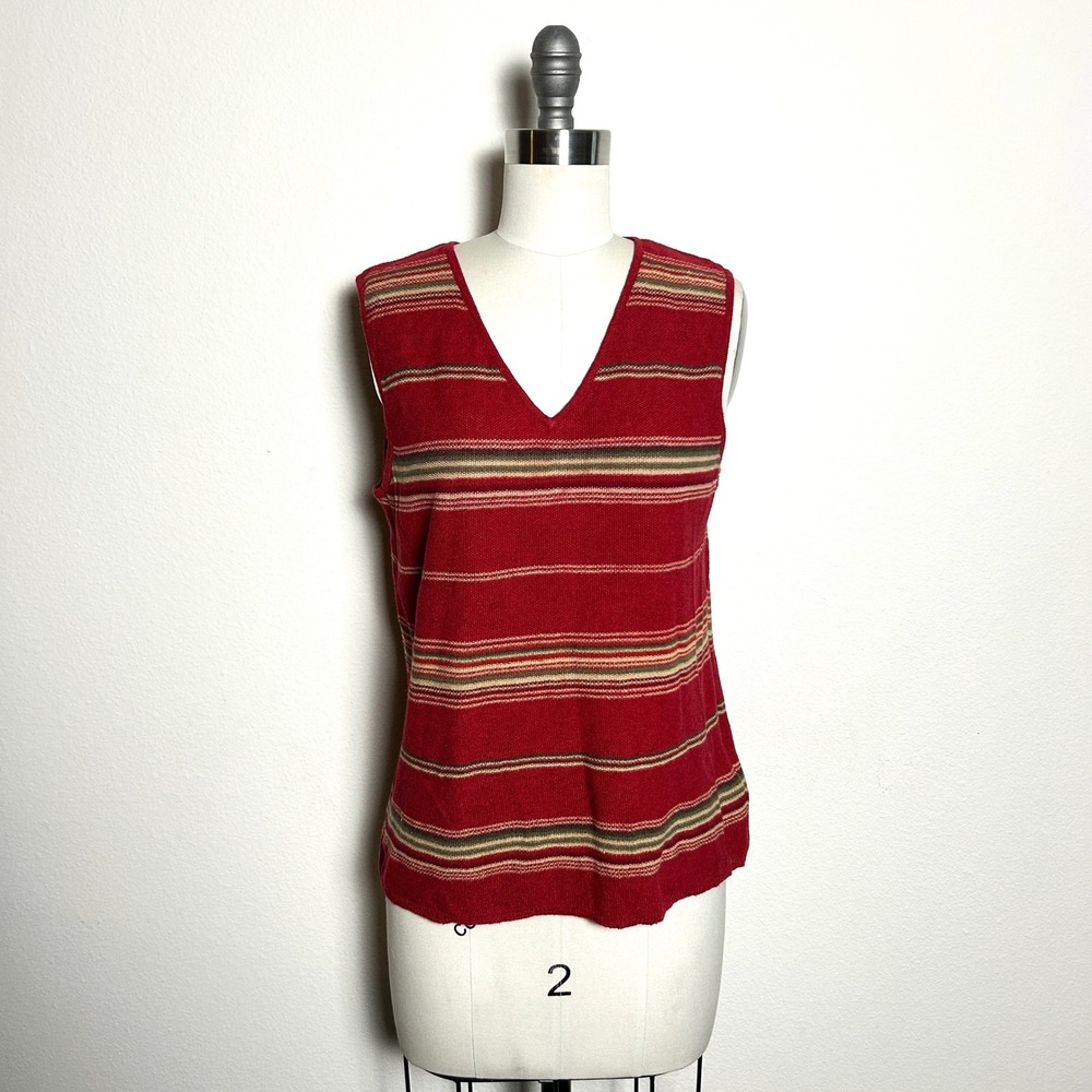 Lauren Ralph Lauren Red Linen Cotton Striped V-Neck Knit Tank Women Petite M VTG